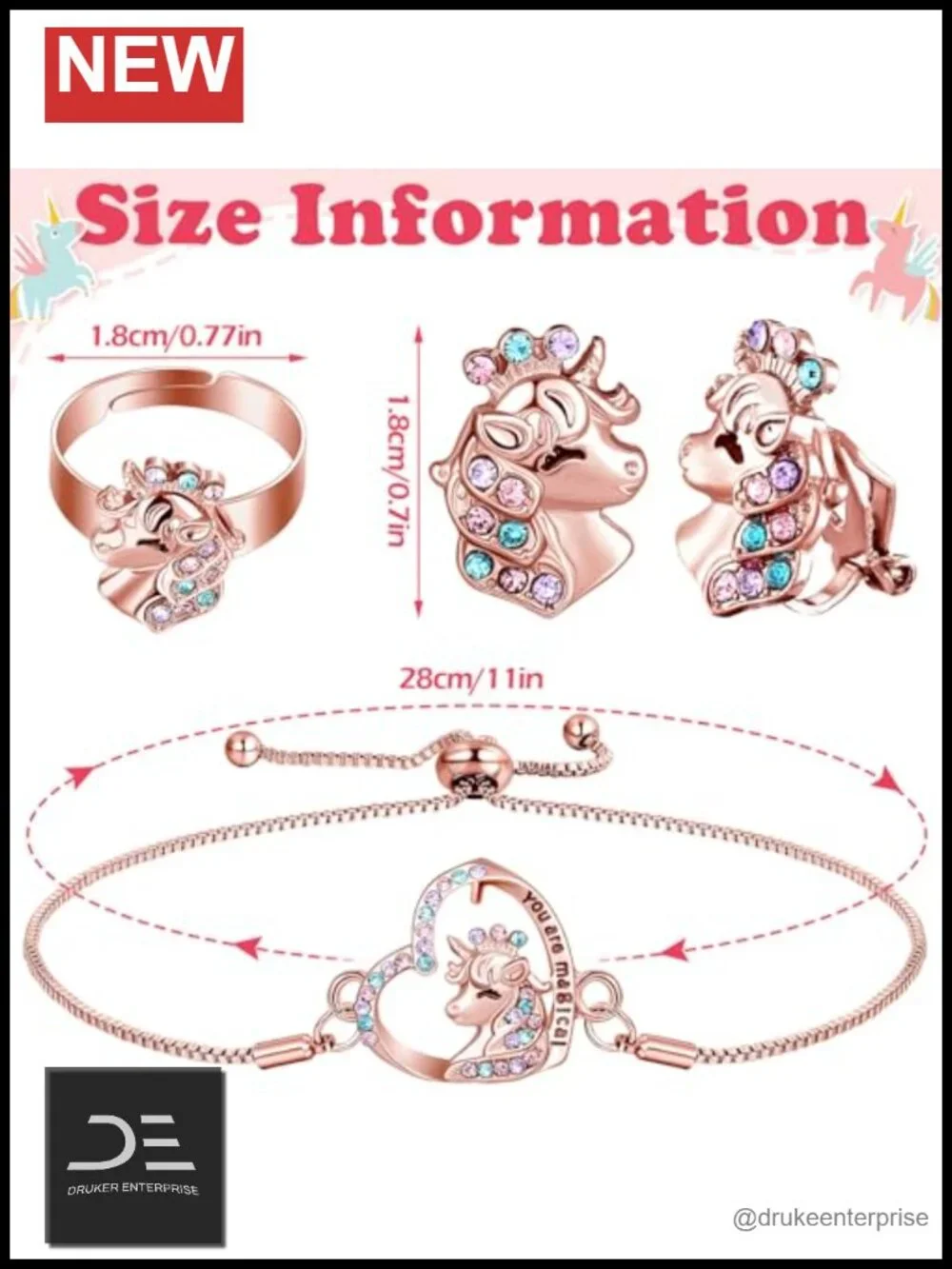 4 Pcs Girl Unicorn Axolotl Jewelry Set Necklace Bracelet Ring Clip on Earrings